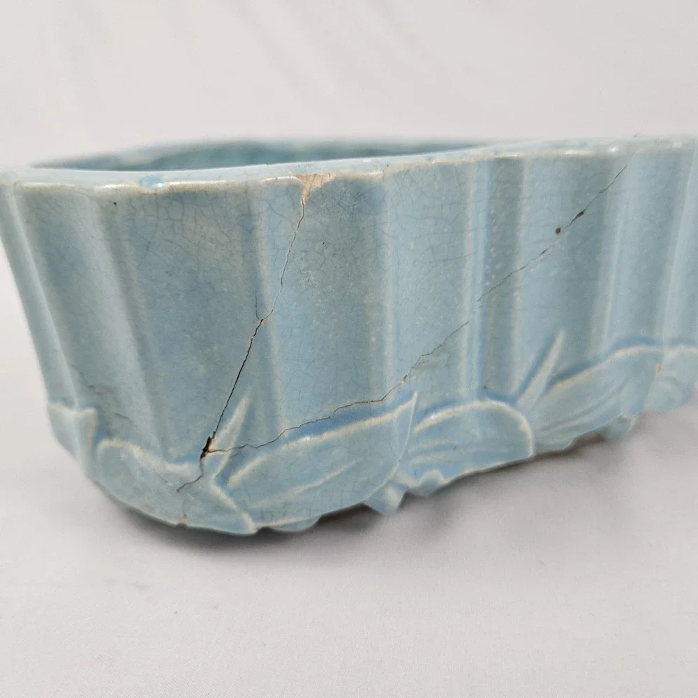 Vintage McCoy Pottery Jardinière Planter Aqua Blue Turquoise Bamboo Leaves 1940 - Picture 13 of 14